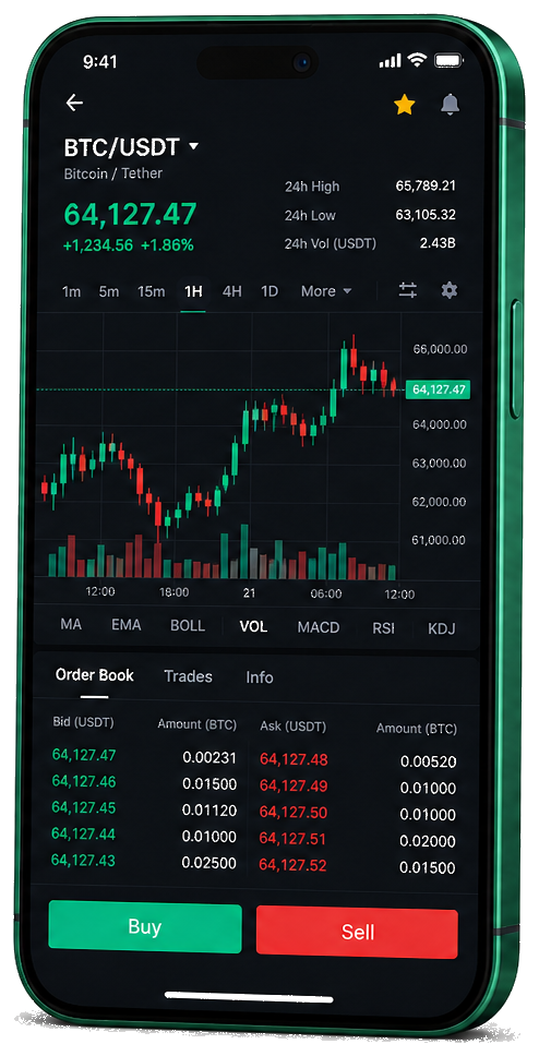 Petrol Wertium mobile trading application displaying live BTC/USDT charts, order book, and trading controls
